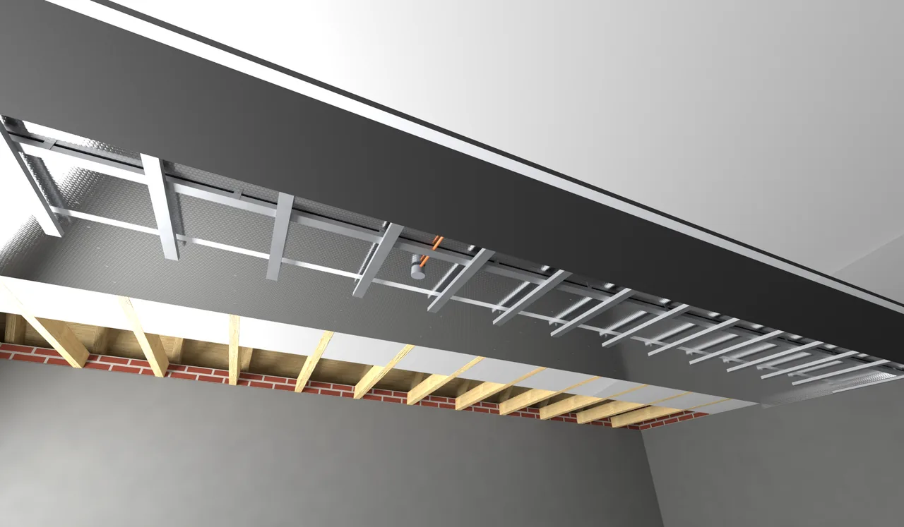3D vizualizácia: trámový strop smerom k povale